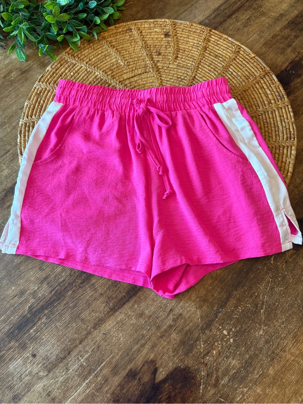 New Jodifl Women’s Hot Pink Drawstring Shorts with White Side Stripe